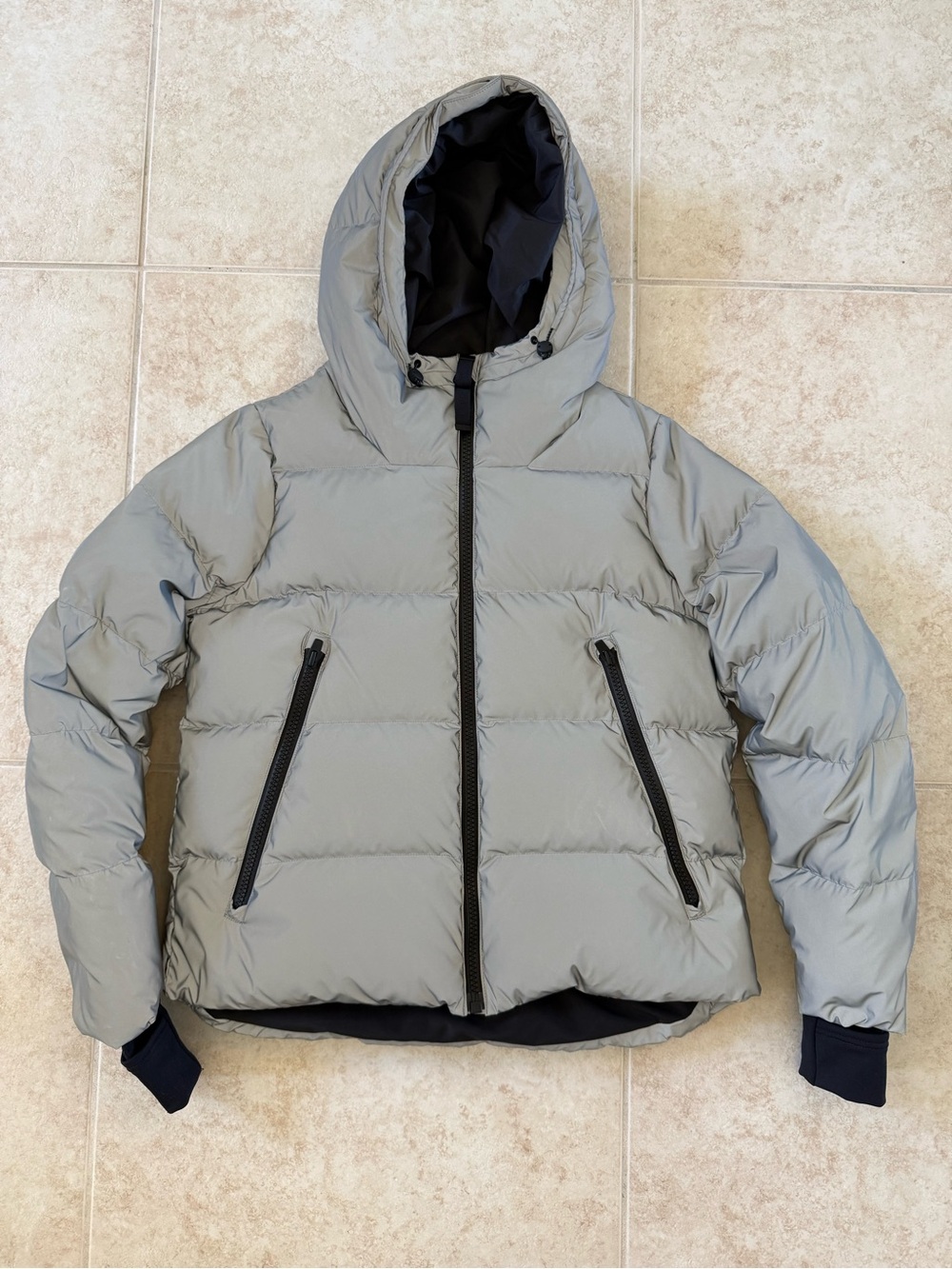 Athleta Women’s Metallic Hooded Goose Down Puffer Jacket with Thumb Holes